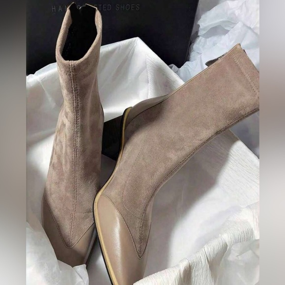 Beige Suede High-Heeled Boots - Picture 3 of 4
